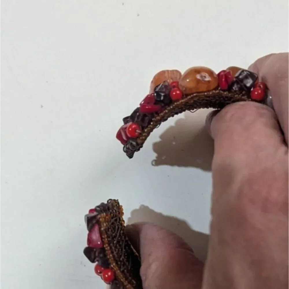 Boho Multi Stone Beaded Wide Cuff Bracelet Red Orange‎ Earth Tones Statement